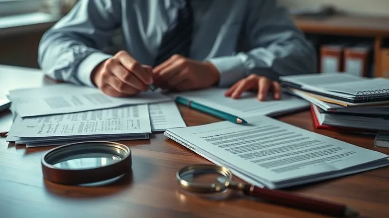 A photorealistic image of a school administrator meticulously organizing case files, notes, and digital evidence on a desk, with a magnifying glass nearby. Cinematic lighting, sharp focus on the documents, depth of field blurring the background. 8K hyper-detailed, professional photography, shot on a high-end DSLR.