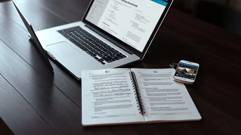 A photorealistic image of a legal pad with handwritten notes, alongside an open laptop displaying cybersecurity logs and a smartphone showing social media screenshots, all neatly arranged on a dark wooden table. Cinematic lighting, sharp focus on the details, depth of field. 8K hyper-detailed, professional photography, shot on a high-end DSLR.