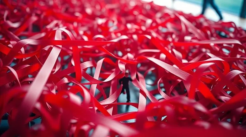 A photorealistic image depicting a tangled red tape maze, with a small, struggling figure (metaphorically a student or administrator) trying to navigate through it, representing bureaucratic or legal pitfalls. Cinematic lighting, sharp focus on the maze, depth of field. 8K hyper-detailed, professional photography, shot on a high-end DSLR.