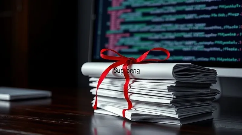 Photorealistic, professional photography, 8K, cinematic lighting, sharp focus, depth of field, shot on a high-end DSLR. A stack of legal documents tied with a red ribbon, prominently featuring a subpoena, placed on a dark wooden desk. In the background, a blurred computer screen displays lines of code, symbolizing the digital nature of the legal request. The lighting is dramatic, highlighting the formal nature of the legal process.
