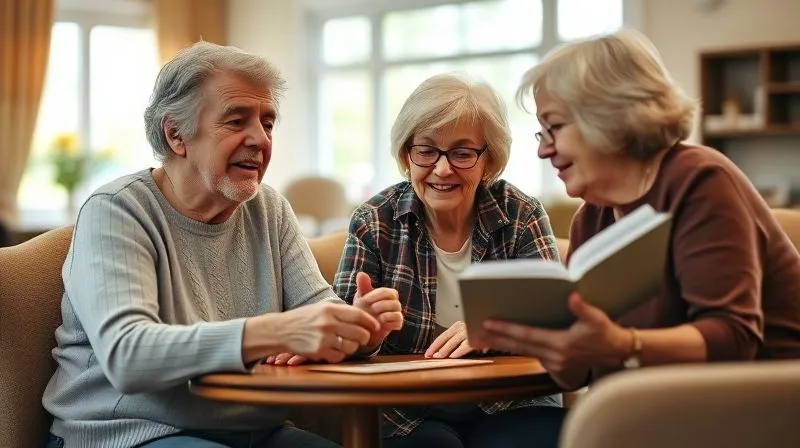 A photorealistic, warm image of a nursing home resident engaging joyfully in an activity with a caregiver, perhaps playing a board game or reading together, in a brightly lit, comfortable common area. The scene radiates dignity, engagement, and person-centered care. professional photography, 8K, cinematic lighting, sharp focus, depth of field, shot on a high-end DSLR.