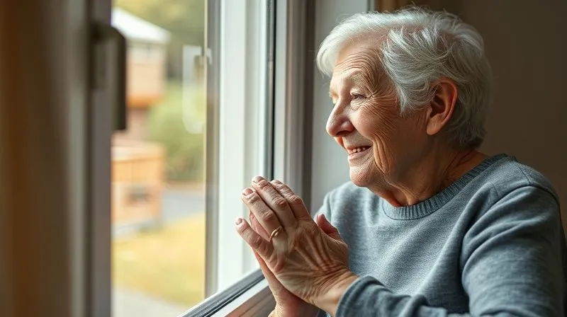 A serene, photorealistic image of an elderly person looking out a window with a peaceful, contented expression, their hand gently held by a younger family member, symbolizing hope, protection, and renewed dignity. Soft, natural light fills the room. professional photography, 8K, cinematic lighting, sharp focus, depth of field, shot on a high-end DSLR.