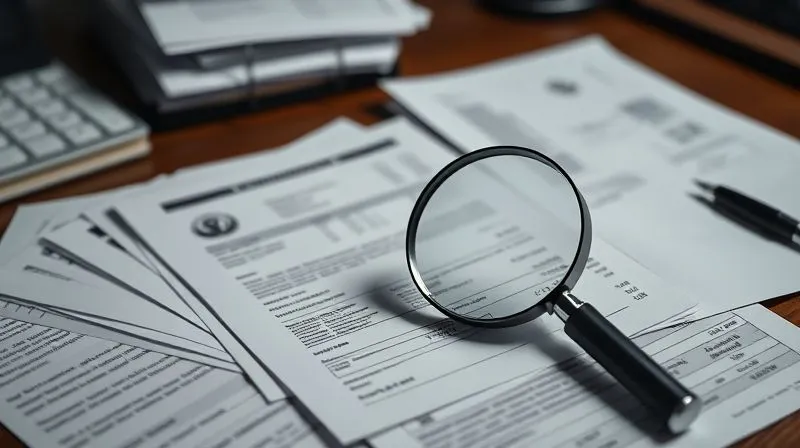 A photorealistic, professional photography, 8K, cinematic lighting, sharp focus, depth of field, shot on a high-end DSLR, depicting a stack of bank statements and legal documents scattered on a desk, with a magnifying glass hovering over suspicious transactions. The lighting is dramatic, highlighting the complexity and potential hidden truths within the paperwork.