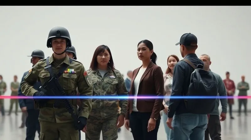 A photorealistic depiction of a blurred line separating two distinct groups of figures, one clearly uniformed military and the other civilians in everyday attire, with a subtle digital overlay representing legal definitions, 8K, cinematic lighting, sharp focus.