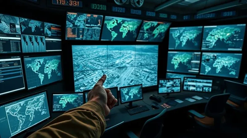 A photorealistic image of a military operations center with multiple screens displaying real-time intelligence feeds, tactical maps, and legal advisories, focused on a hand pointing at a complex urban area, 8K, cinematic lighting, sharp focus.