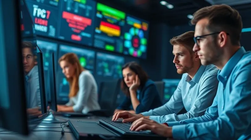 A photorealistic image of a diverse cybersecurity incident response team in a high-tech control room, focused on multiple screens displaying data flow anomalies and security alerts. Cinematic lighting, sharp focus on their intense expressions and hands on keyboards, depth of field blurring the background, 8K hyper-detailed, professional photography, shot on a high-end DSLR.