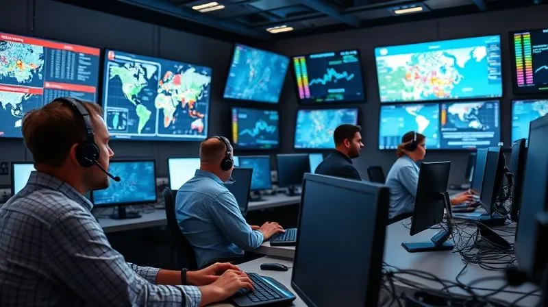 A photorealistic, professional photography, 8K image of a modern university crisis communication center during an emergency. Multiple screens display alerts, maps, and social media feeds. A team of diverse professionals is intensely focused, communicating via headsets and keyboards. Cinematic lighting casts a blue glow from the screens, sharp focus on the team members, depth of field blurring the complex technical equipment, conveying urgency and organized response.