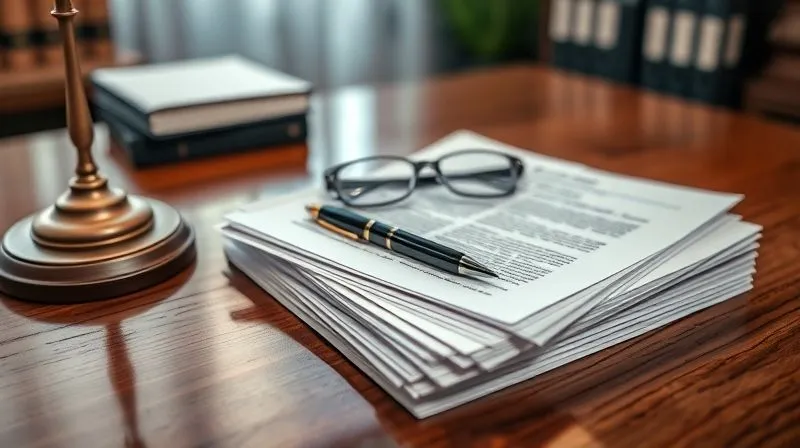 A photorealistic, professional photography, 8K image of a stack of legal documents and an insurance policy on a polished wooden desk. A pen rests on top, and a pair of reading glasses is nearby. Cinematic lighting highlights the texture of the paper, sharp focus on the documents, depth of field blurring a subtle background of a law office, conveying meticulous attention to legal details and risk management.