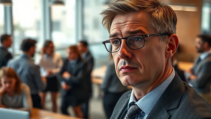 Photorealistic image depicting a subtle shift in a corporate office environment, with employees gathered in small, hushed groups, looking concerned or animated. A manager in the foreground observes with a thoughtful, slightly worried expression, noticing subtle changes in morale and communication patterns. Cinematic lighting, sharp focus on the manager's face, depth of field blurring the background, 8K, professional photography, shot on a high-end DSLR.