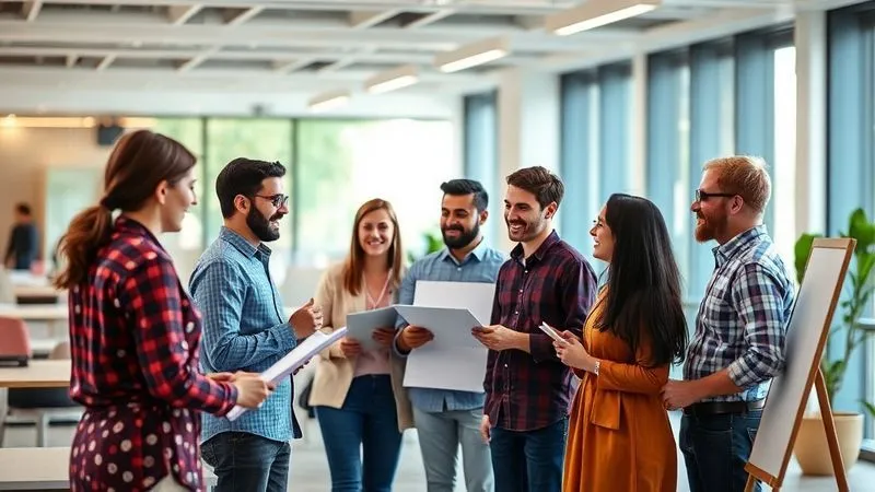 Photorealistic image of a diverse group of employees collaborating happily in a modern, open-plan office. They are engaged in discussions, using whiteboards, and showing positive body language. The lighting is bright and inviting, conveying a sense of teamwork and mutual respect. Sharp focus on the interactions, with depth of field creating a warm, productive atmosphere, 8K, professional photography, shot on a high-end DSLR.