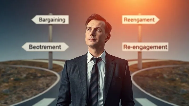 Photorealistic, professional photography, 8K, cinematic lighting, sharp focus, depth of field, shot on a high-end DSLR. A corporate executive stands at a crossroads, looking at two diverging paths labeled 'Bargaining' and 'Re-engagement'. The executive's expression is thoughtful and determined, symbolizing strategic decision-making after a significant event. The environment is professional, with a sense of future planning and adaptation.