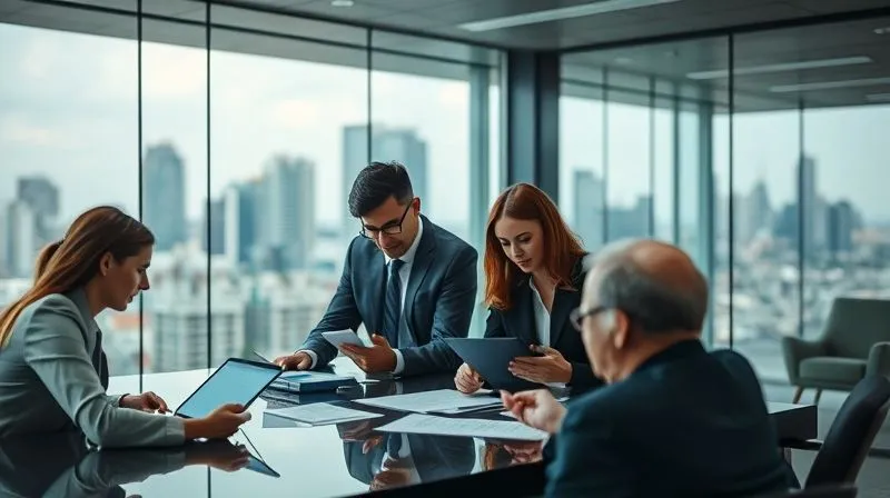 A photorealistic image of a legal team in a modern, glass-walled conference room, intensely reviewing digital documents on tablets and screens, with a subtle overlay of abstract data streams, professional photography, 8K, cinematic lighting, sharp focus on the team's faces, depth of field blurring the city skyline outside, shot on a high-end DSLR.