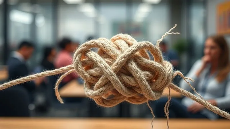 A photorealistic image of a complex, intertwined legal knot, with one thread fraying and loosely connected, representing the challenges of intermittent FMLA. Cinematic lighting, sharp focus on the knot, blurred background of office workers. 8K, professional photography.
