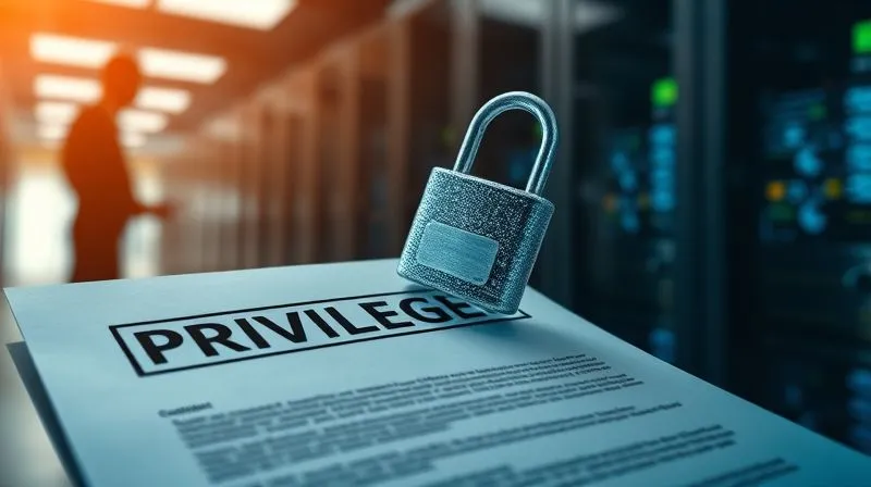 A photorealistic, professional photography, 8K, cinematic lighting, sharp focus, depth of field, shot on a high-end DSLR, of a legal document with a 'PRIVILEGED' stamp, overlaid with a digital padlock icon, symbolizing legal protection in cyber crisis. The background shows blurred figures in a dimly lit server room, conveying urgency.