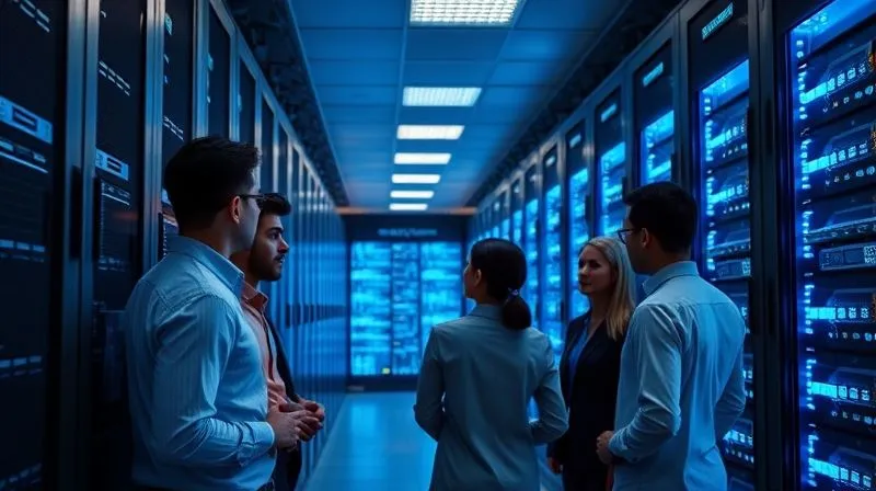 A photorealistic, professional photography, 8K, cinematic lighting, sharp focus, depth of field, shot on a high-end DSLR, of a secure, modern data center with glowing blue server racks, symbolizing enhanced cybersecurity. In the foreground, a diverse team of cybersecurity experts is intently reviewing a digital dashboard showing security metrics and threat intelligence, conveying a proactive approach to remediation.