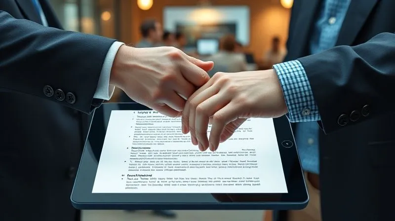 A photorealistic, professional photography, 8K, cinematic lighting, sharp focus, depth of field, shot on a high-end DSLR, of two hands, one in a business suit and one in a tech-casual outfit, shaking over a tablet displaying a complex contract with security clauses, symbolizing legal agreements with third-party vendors for data protection. The background is a modern, collaborative office space.