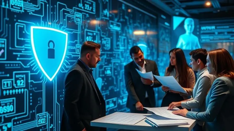 A photorealistic, professional photography, 8K, cinematic lighting, sharp focus, depth of field, shot on a high-end DSLR image of a complex digital firewall, represented by glowing blue energy shields protecting a corporate network. In the foreground, a diverse team of cybersecurity and legal professionals are collaboratively reviewing schematics and legal documents on a large interactive screen, emphasizing proactive defense and integrated strategy. The atmosphere is one of focused prevention and preparedness.