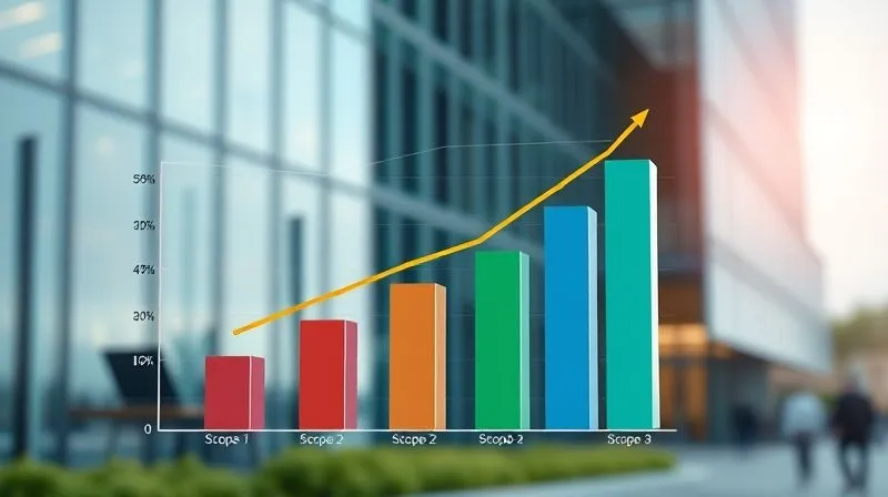 A photorealistic 3D bar chart showing corporate GHG emissions breakdown by Scope 1, 2, and 3 categories, with a clear upward trend for Scope 3, set against a backdrop of a modern corporate office building. Cinematic lighting, sharp focus on the data, depth of field blurring the background, 8K hyper-detailed, professional photography.