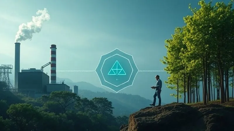 A photorealistic image depicting a complex ecosystem of carbon offsetting. On one side, a factory emits a faint wisp of smoke, with a dotted line connecting it to a lush, growing forest on the other side, where scientists are planting saplings. In the middle, a digital ledger or blockchain graphic subtly overlays, symbolizing verification. Cinematic lighting, sharp focus on the connection and verification, depth of field blurring distant elements, 8K hyper-detailed, professional photography.