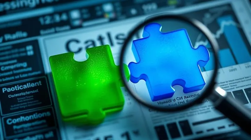 A photorealistic image of two distinct corporate puzzle pieces, one green and one blue, slowly fitting together, with complex data streams and legal documents subtly overlaying them. In the background, a magnifying glass focuses on a detailed chart showing carbon emission trends. Cinematic lighting, sharp focus on the puzzle pieces and data, depth of field blurring the background, 8K hyper-detailed, professional photography.