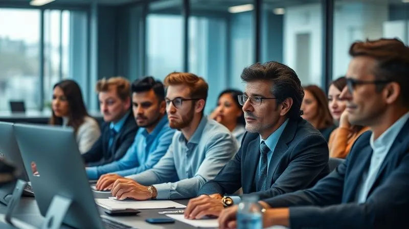 A photorealistic image of a diverse group of professionals in a modern office environment participating in a cybersecurity training session, focused and engaged, with digital security icons subtly integrated into the background, cinematic lighting.