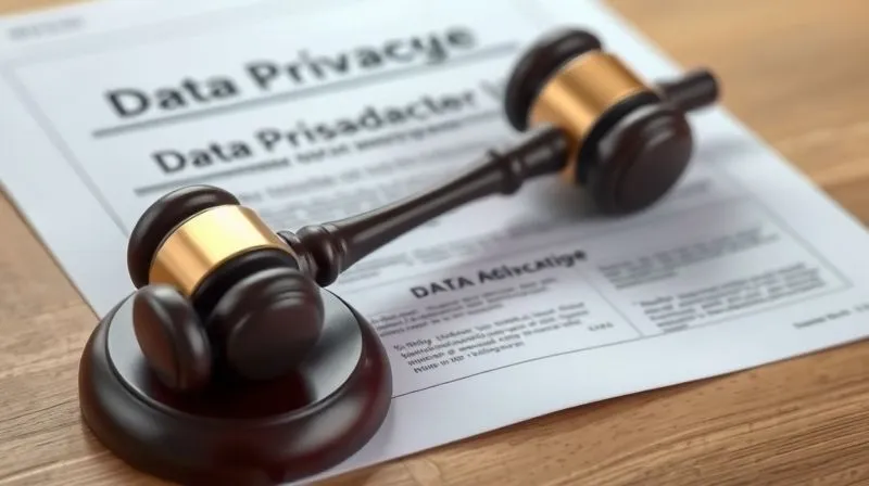 A photorealistic image of a legal brief or court documents related to data privacy, with a gavel resting beside it, symbolizing legal defense and appeal processes, cinematic lighting, sharp focus, depth of field.