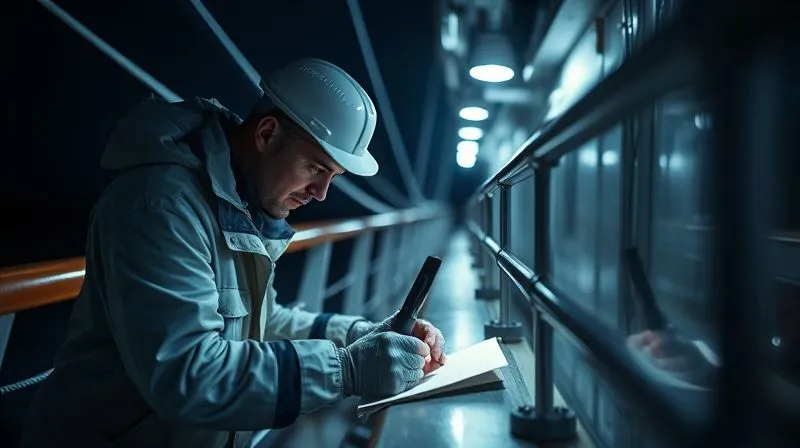 A photorealistic image of a maritime investigator meticulously documenting damage on a ship's bridge, illuminated by a single forensic light, sharp focus on the investigator's hands and tools, depth of field blurring the background, 8K hyper-detailed, professional photography, cinematic lighting.