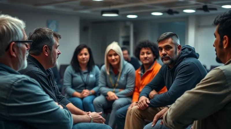 A photorealistic image of a diverse group of seafarers in a supportive group therapy session, a counselor leading the discussion, soft ambient lighting, conveying empathy and recovery, professional photography, 8K, cinematic lighting, sharp focus, depth of field.