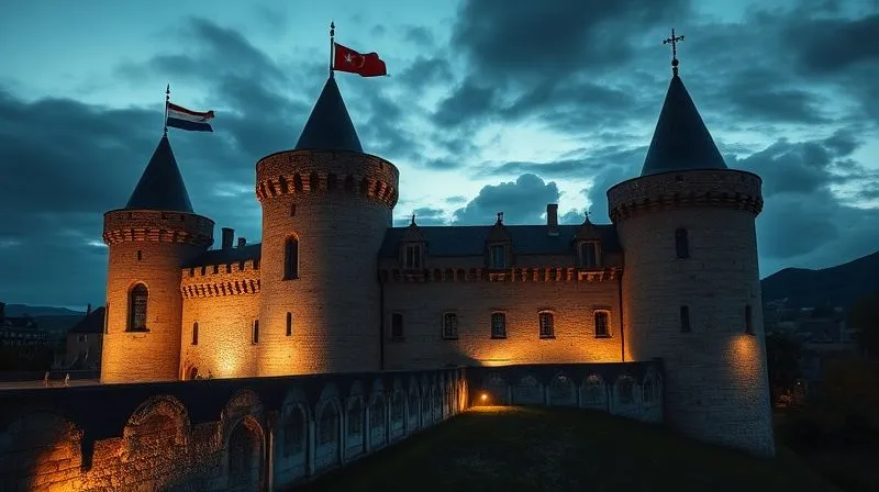 A photorealistic image of a medieval castle with modern corporate security systems integrated, representing strong corporate defense mechanisms. The castle is illuminated by strategic, cinematic lighting under a watchful sky. Professional photography, 8K, sharp focus, depth of field.