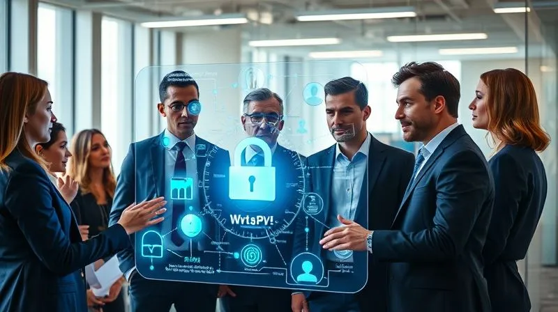 A photorealistic image depicting a diverse, professional team of legal, IT, and business experts collaborating around a glowing holographic interface displaying complex data flows and privacy regulations. The team is engaged in discussion, emphasizing collaboration and strategic planning. Cinematic lighting, modern office environment, 8K hyper-detailed, shot on a high-end DSLR.