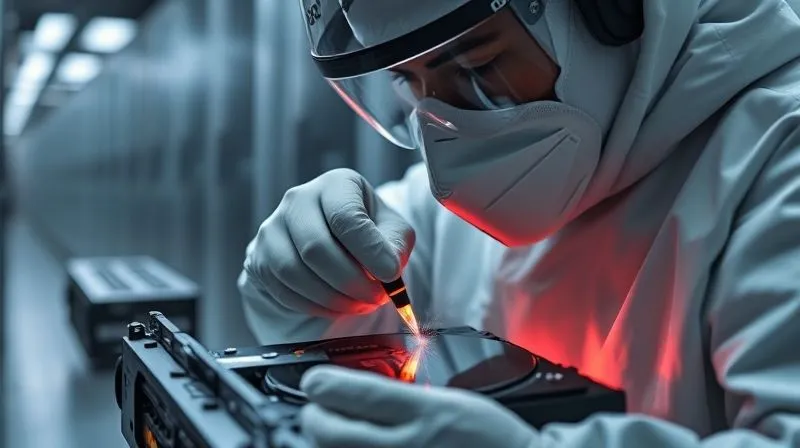 photorealistic, professional photography, 8K, cinematic lighting, sharp focus, depth of field, shot on a high-end DSLR, a digital forensic specialist in protective gear meticulously connecting a write-blocker to a server hard drive, with glowing data streams emanating from the drive. Focus on the precision and careful handling, with a blurred backdrop of a data center. Emotionally resonant, conveying technical expertise and careful action.