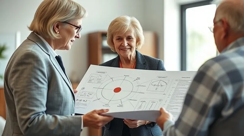 A photorealistic image of an elder law attorney, a woman in her 50s-60s with a kind and authoritative demeanor, explaining a complex diagram to a senior couple. The diagram visually represents interconnected legal and financial strategies. The setting is a bright, modern office. Cinematic lighting, sharp focus, depth of field, 8K hyper-detailed, professional photography.