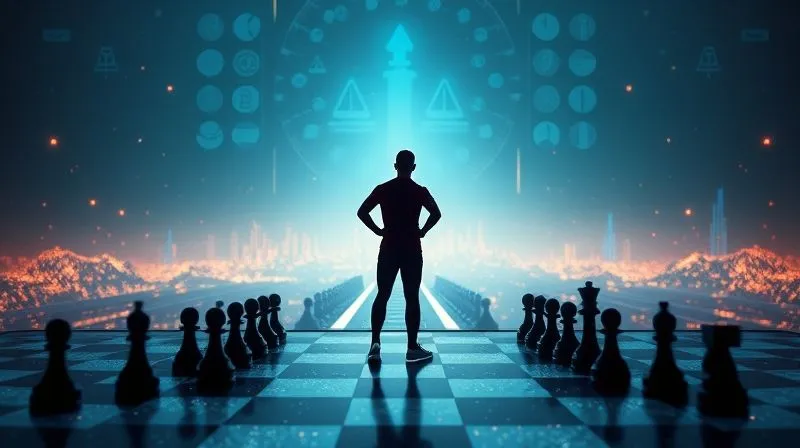 A photorealistic, professional photography, 8K, cinematic lighting image of an athlete's silhouette standing on a digital chessboard, looking towards a futuristic horizon filled with glowing data streams, abstract legal symbols, and subtle blockchain elements. Sharp focus on the athlete and chessboard, depth of field blurring the distant, evolving digital landscape, symbolizing foresight and adaptation.