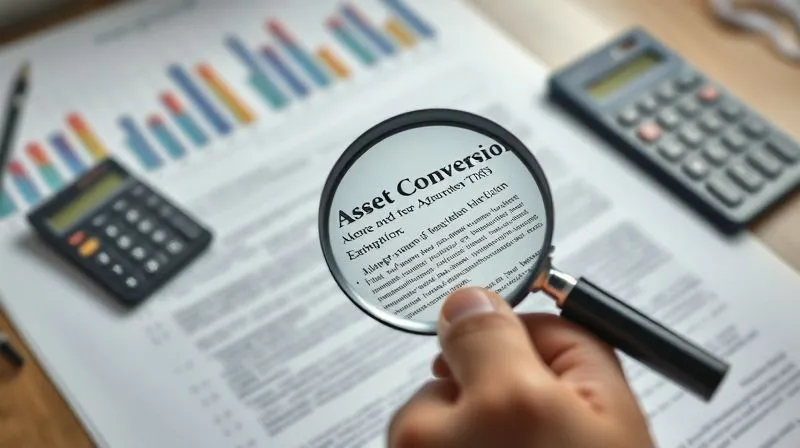 Photorealistic, professional photography, 8K, cinematic lighting, sharp focus, depth of field, shot on a high-end DSLR. A hand holding a magnifying glass over a complex legal document, highlighting sections on 'exemptions' and 'asset conversion'. In the background, blurred financial charts and a calculator suggest meticulous planning. The lighting is bright and analytical, emphasizing precision.