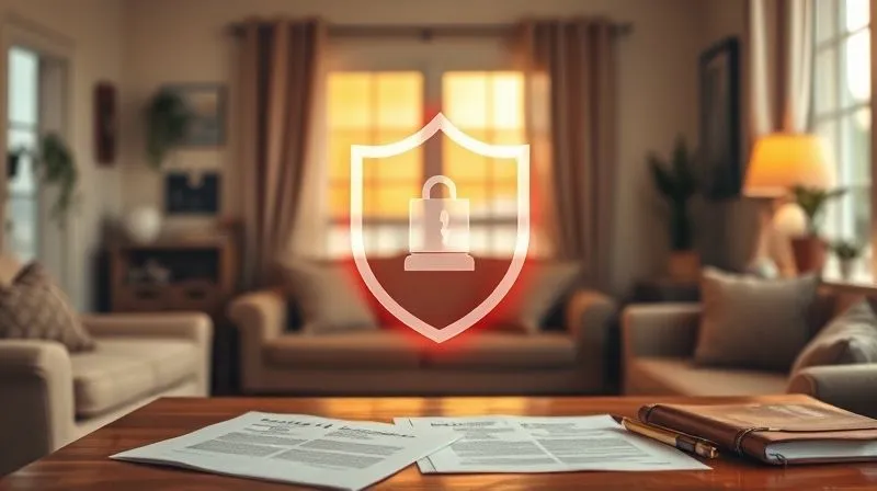 Photorealistic, professional photography, 8K, cinematic lighting, sharp focus, depth of field, shot on a high-end DSLR. A cozy, well-maintained home bathed in warm, soft light, with a subtle, shimmering legal 'shield' icon superimposed over it. The focus is on the comfort and security of the home, with legal documents faintly visible on a nearby table. The overall mood is one of safety and protection.