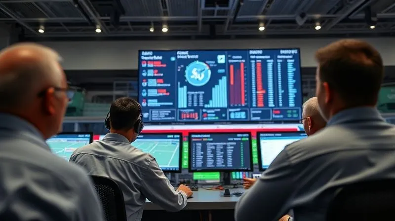 A photorealistic image of a well-organized sports event control center, with staff diligently monitoring safety protocols and equipment checks on multiple screens. A digital dashboard displays real-time safety metrics and incident logs. The atmosphere is calm but focused, highlighting operational excellence. Cinematic lighting, sharp focus on the control panels, depth of field blurring the background action. Shot on a high-end DSLR, 8K.