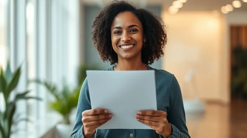photorealistic, professional photography, 8K, cinematic lighting, sharp focus, depth of field, shot on a high-end DSLR, a person with a look of profound relief and a slight, hopeful smile, holding a single, official-looking document in their hands, standing in a brightly lit, modern office with a blurred background suggesting a new, unburdened horizon.