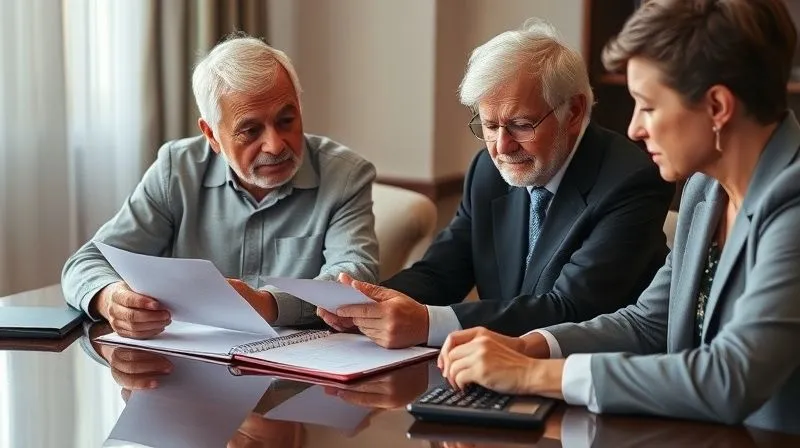 photorealistic, professional photography, 8K, cinematic lighting, sharp focus, depth of field, shot on a high-end DSLR. A senior couple earnestly discussing financial documents with a compassionate elder law attorney, seated at a polished desk. A legal pad with notes and a calculator are visible, symbolizing strategic planning and guidance. Warm, reassuring light.