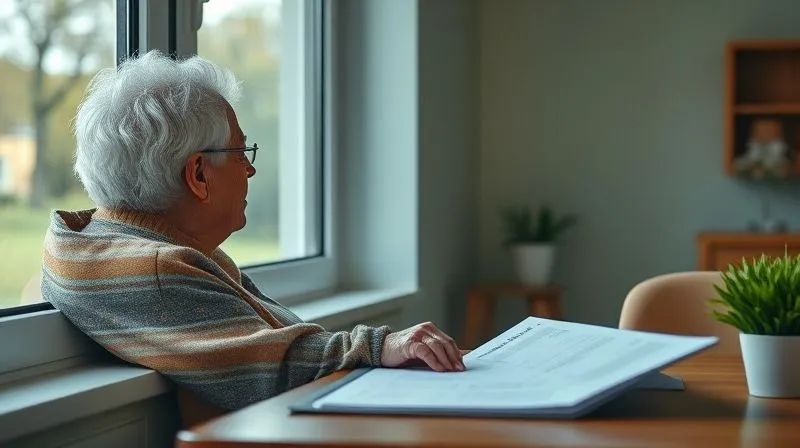 photorealistic, professional photography, 8K, cinematic lighting, sharp focus, depth of field, shot on a high-end DSLR. A serene elderly individual looking out a window in a well-maintained long-term care facility, with a care plan folder on a nearby table. The scene conveys peace of mind and the successful outcome of careful planning. Gentle, natural light.