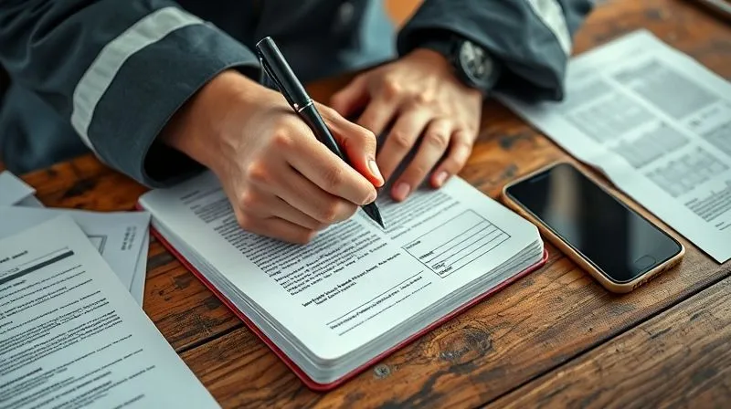 photorealistic, professional photography, 8K, cinematic lighting, sharp focus, depth of field, shot on a high-end DSLR. A close-up of a seafarer's hand meticulously writing in a ship's logbook, with various official documents and a smartphone nearby on a worn wooden table. The lighting highlights the focused activity and the texture of the paper, conveying the critical importance of documentation.