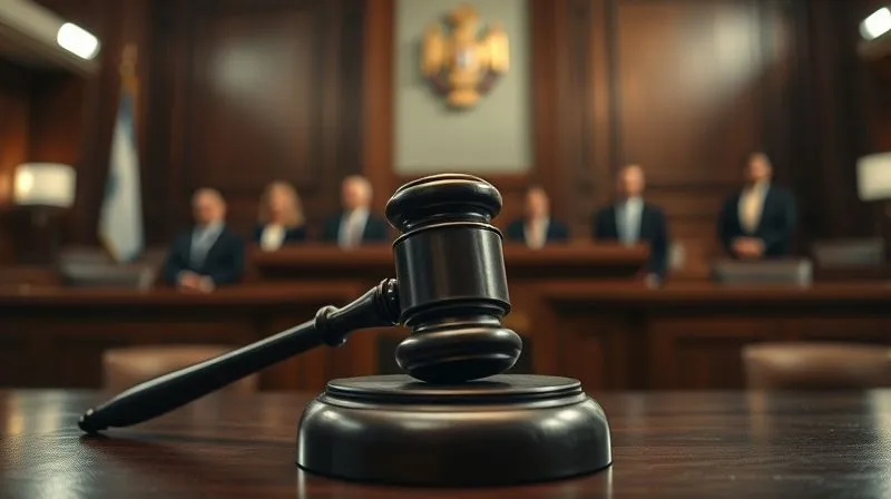 photorealistic, professional photography, 8K, cinematic lighting, sharp focus, depth of field, a solemn courtroom scene from a low angle, focusing on a judge's bench with a gavel, blurred figures of attorneys and family members in the background, conveying the gravity and formality of a legal proceeding, shot on a high-end DSLR