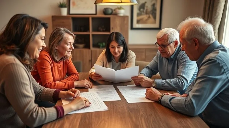 photorealistic, professional photography, 8K, cinematic lighting, sharp focus, depth of field, a diverse family group (adult children and grandchildren) sitting around a table with a professional elder law attorney, looking at documents and discussing proactively, conveying trust, planning, and collaborative protection, shot on a high-end DSLR