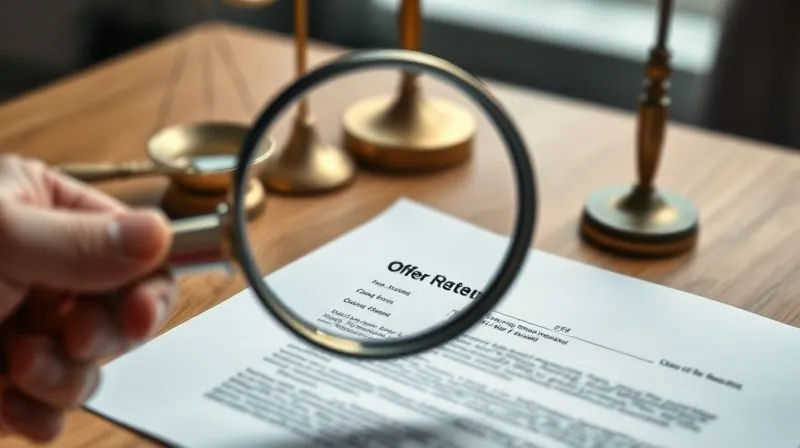 A photorealistic image of a legal document or offer letter being carefully examined under a magnifying glass, with subtle legal scales in the background, professional photography, 8K, cinematic lighting, sharp focus on the document, depth of field blurring the background, shot on a high-end DSLR.