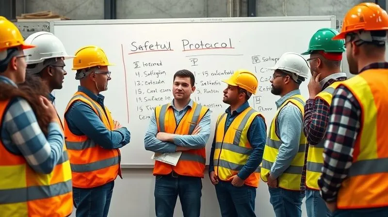 photorealistic, professional photography, 8K, cinematic lighting, sharp focus, depth of field, shot on a high-end DSLR. A diverse group of employees in safety vests and hard hats, gathered around a large whiteboard, actively discussing safety protocols and hazard identification with a supervisor, all engaged and contributing, conveying a collaborative and proactive safety culture.