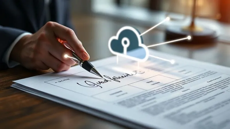 A photorealistic image of a legal document with a digital signature pad, glowing lines connecting to a secure cloud icon, symbolizing robust digital contract signing and intellectual property registration. Professional photography, 8K, cinematic lighting, sharp focus on the document, depth of field blurring the background, shot on a high-end DSLR.