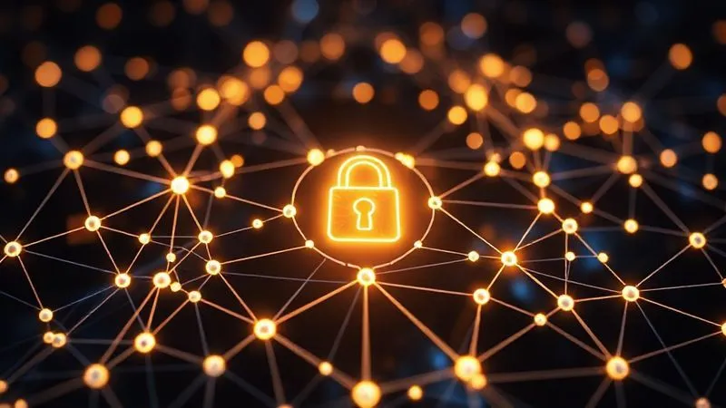 A photorealistic image of glowing interconnected nodes forming a complex network, with a secure lock icon at the center, representing blockchain technology ensuring authenticity and ownership of digital assets. Professional photography, 8K, cinematic lighting, sharp focus on the central lock, depth of field blurring the background network, shot on a high-end DSLR.