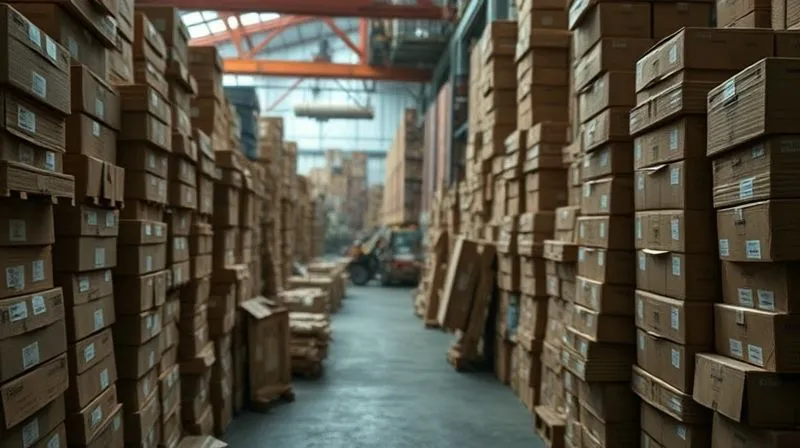 A photorealistic, professional photography, 8K, cinematic lighting, sharp focus, depth of field, shot on a high-end DSLR. A cluttered warehouse scene at an international port, with stacks of unbranded, suspicious-looking cardboard boxes. A single, distinct, genuine product logo is subtly blurred in the foreground, symbolizing the threat posed by the vast quantity of fakes. The atmosphere is gritty and industrial, highlighting the scale of illicit trade.