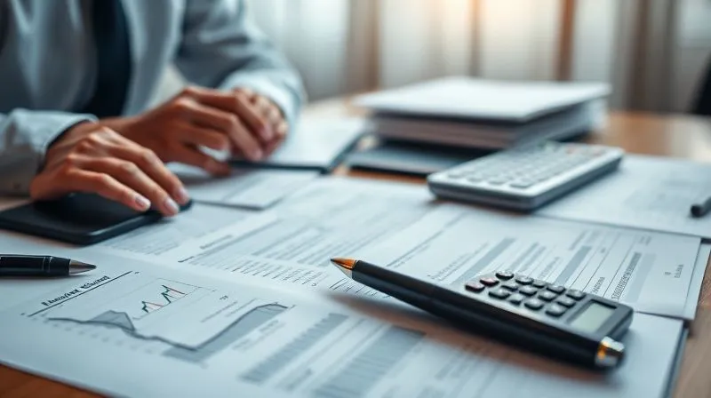 photorealistic, professional photography, 8K, cinematic lighting, sharp focus, depth of field, shot on a high-end DSLR, a meticulously organized desk with financial documents, legal papers, a calculator, and a pen, bathed in soft, focused light. The scene conveys a sense of intense financial and legal analysis, symbolizing the complex tax planning and financial adjustments required during a high-net-worth separation.