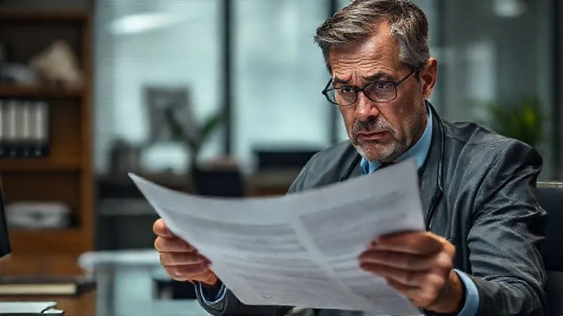 A photorealistic, professional photography, 8K, cinematic lighting, sharp focus, depth of field, shot on a high-end DSLR, depicting a worried professional, perhaps a doctor or lawyer, looking intently at a complex legal document, with a blurred background of their professional office, conveying anxiety about future uncertainties.