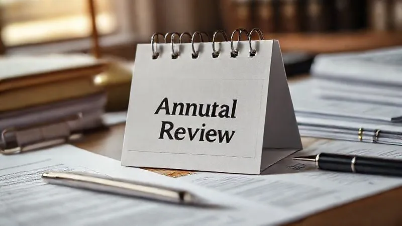 A photorealistic, professional photography, 8K, cinematic lighting, sharp focus, depth of field, shot on a high-end DSLR, depicting a calendar with "Annual Review" highlighted, surrounded by legal documents and a pen, emphasizing the importance of periodic updates and meticulous planning in a well-organized office setting.
